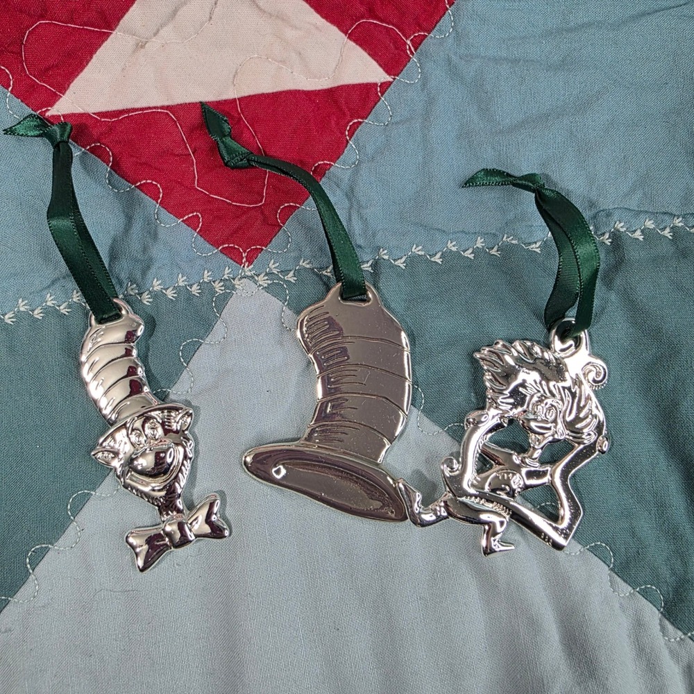 Dr. Seuss Cat In The Hat Silver Ornament Set Silver Plated 3 Piece Vintage 2004
